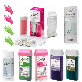 Wachswärmer Starterset Solo für Anfänger / Privatpersonen zur Haarentfernung der Beine, Arme, Brust und Rücken (1x Solo Set, 4 Wachspatronen, 40 Stk. Vliesstreifen, 2 Paar Handschuhe, Talcpuder)