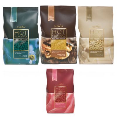 ItalWax Wachsperlen, 4er Probeset  Hot Film Wax Azulene, Natural, white Chocolate und Rose für die sanfte Haarentfernung  